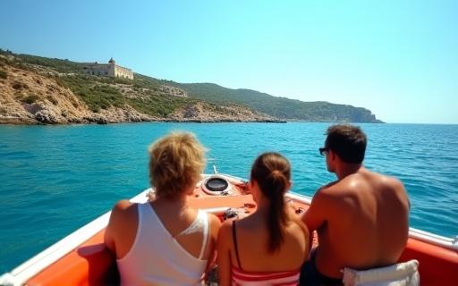 Turisti in barca osservano un'area di interesse storico